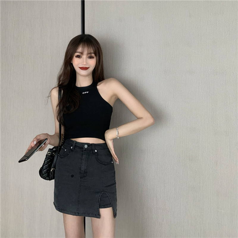 Chân váy jean DUNEA kiểu chữ A cạp cao xẻ tà xinh xắn cho nữ