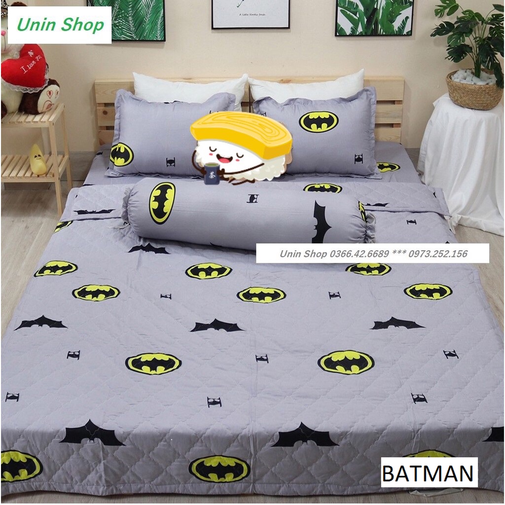 Bộ ga kèm 3 vỏ gối mẫu Batman, drap bọc nệm poly cotton, ga bo chun giá rẻ