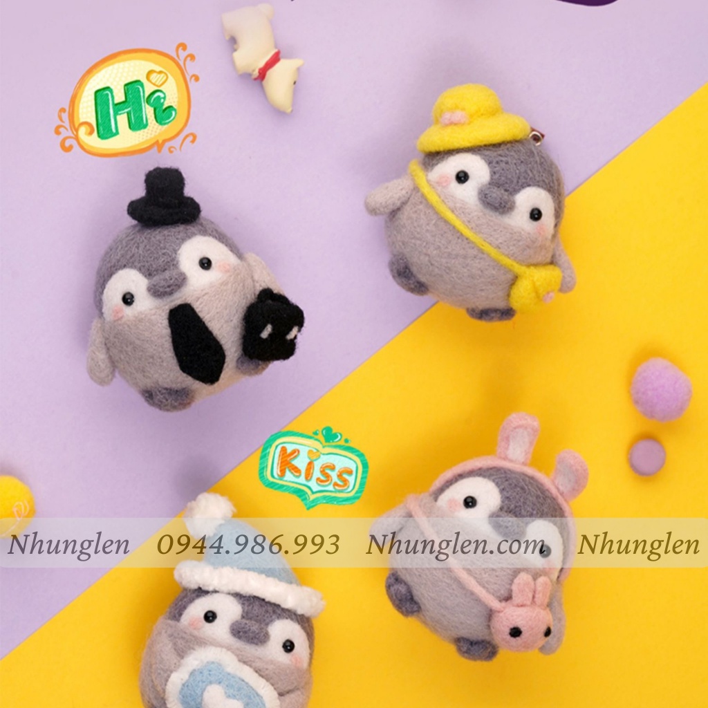 Bộ kit len chọc Cánh Cụt Khum Lười có hướng dẫn, món quà giáng sinh đơn giản, quà tặng dễ thương, needle felting Penguin