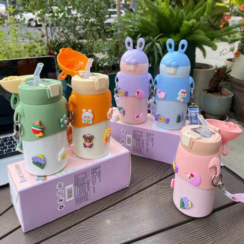 Bình Giữ Nhiệt, Bình Nước Cho Bé Cute Có Ống Hút Chất Liệu Inox 316 Dung Tích 600ml Bn28