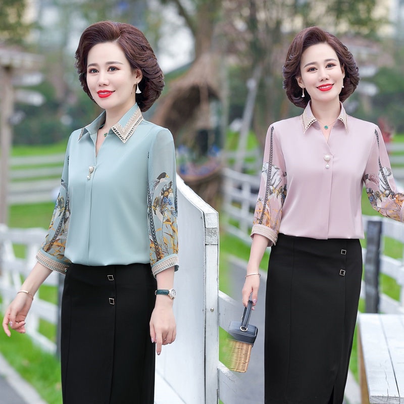 áo sơ mi lụa Quảng Châu cao cấp cho trung niên nữ tay phối họa tiết phong cách sang trọng thanh lịch món quà tặng mẹ
