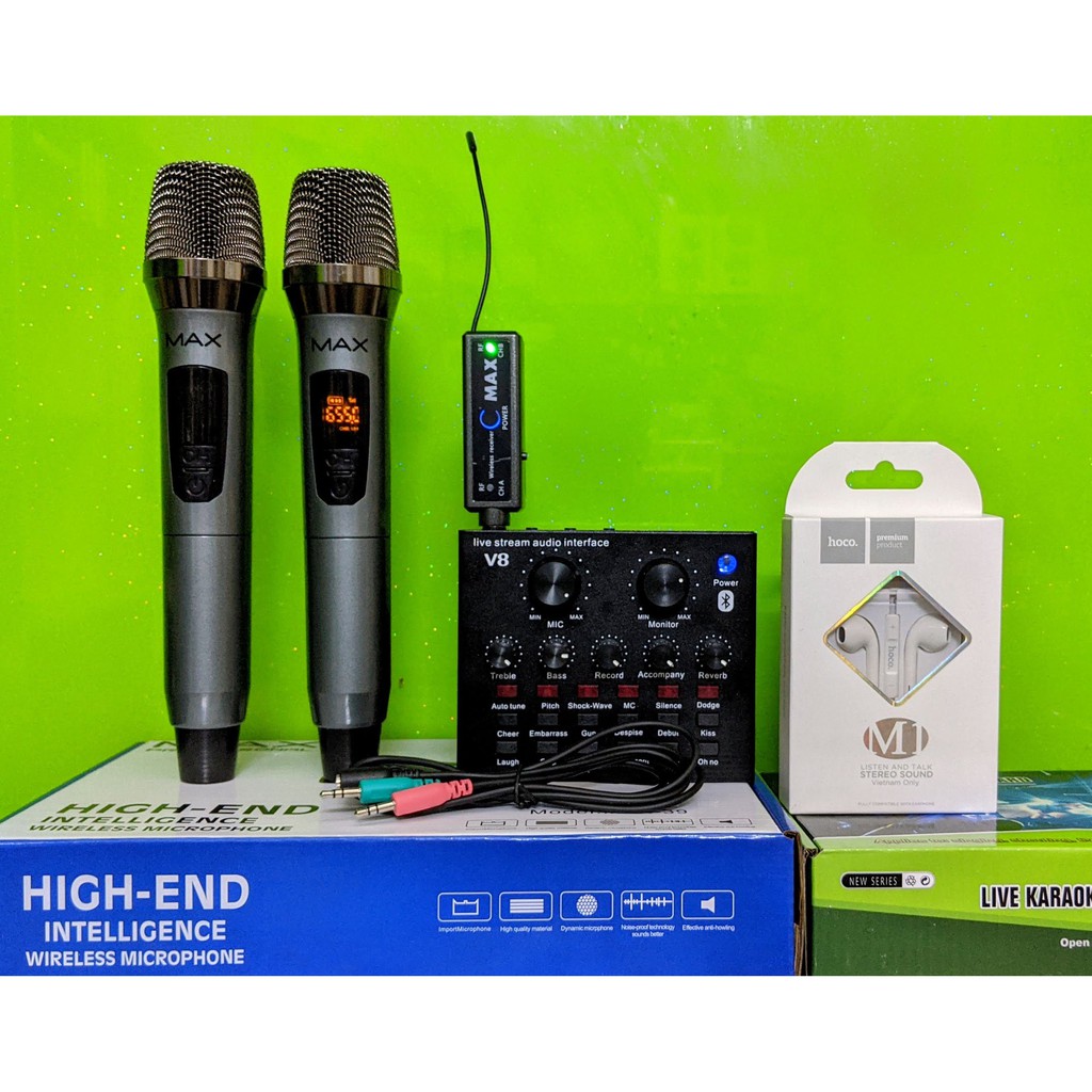 Trọn combo karaoke thu âm livestream siêu hot micro max 39 và sound card V8 tặng kèm tai nghe Hoco M1 và dây live MA2