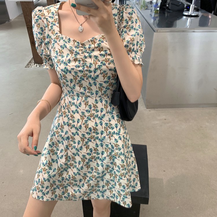 thanh lý Váy hoa nhí cổ vuông ngắn tay style vintage Hàn Quốc mùa hè