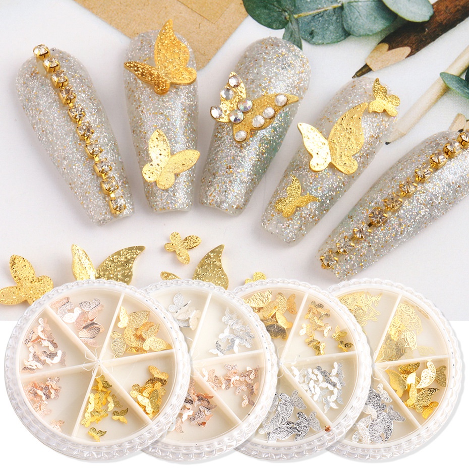 Phụ kiện lá kim loại trang trí móng hình bươm bướm màu vàng / bạc xinh xắn