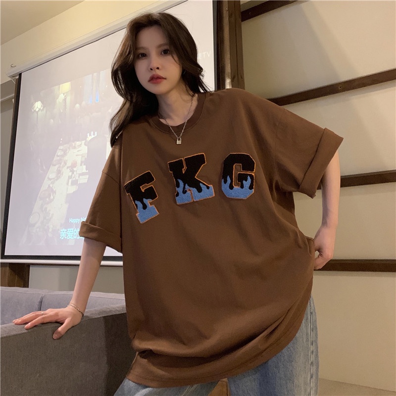 Áo Thun Tay Ngắn Dáng Rộng Thêu Chữ Thời Trang Đường Phố Cho Nữ