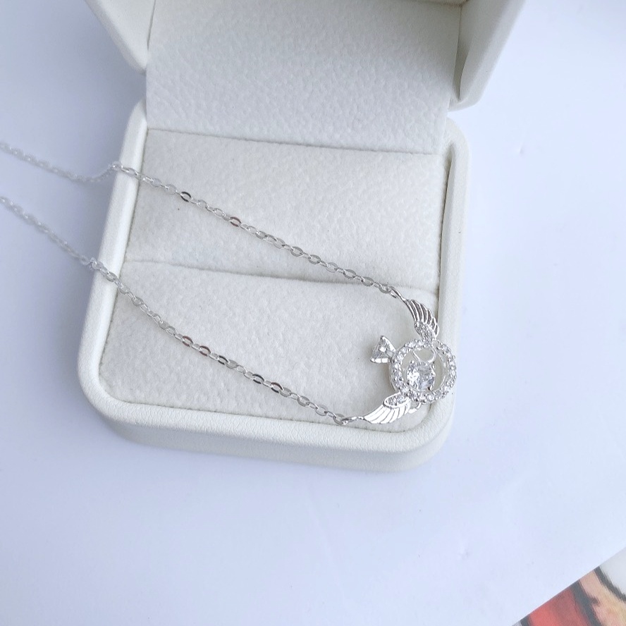 Dây chuyền bạc nữ Evasilver hình đôi cánh đính mặt đá tròn, dây chuyền chuẩn bạc ta sang trọng nữ tính