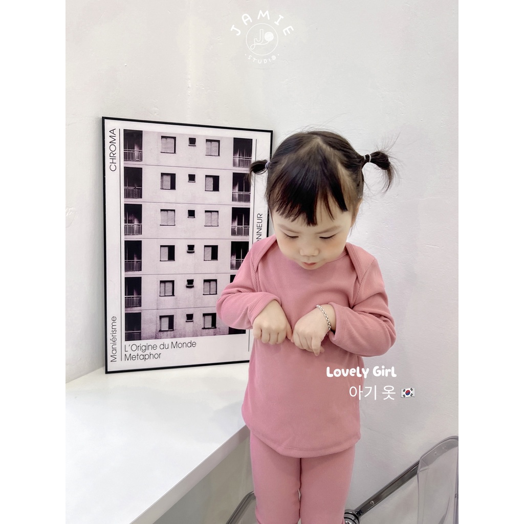 Bộ Quần Áo Thun Tăm Nhung Dài Tay Cổ Tròn Trơn Màu Dày Dặn Cho Bé Trai và Bé Gái Hàn Quốc Mẫu Basic