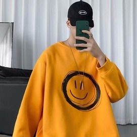 Áo sweater tay dài dáng rộng cổ tròn hình mặt cười thời trang thu đông trẻ trung cho nam
