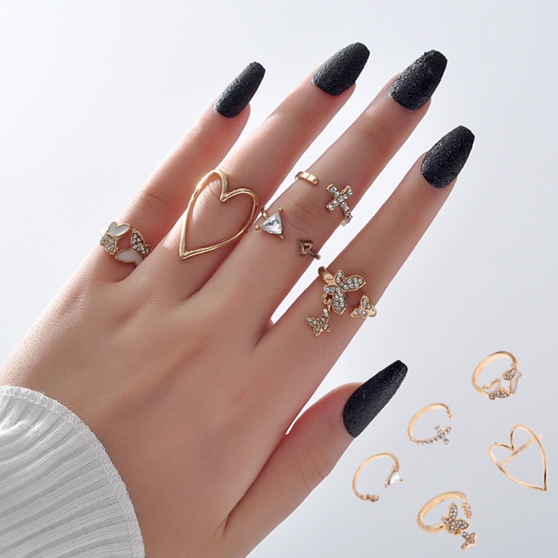 Set 5 Nhẫn Hở Hình Bướm / Trái Tim Bằng Kim Loại Thời Trang Punk Hàn Quốc Sang Trọng Thanh Lịch Có Thể Điều Chỉnh Dành Cho Bạn Nữ