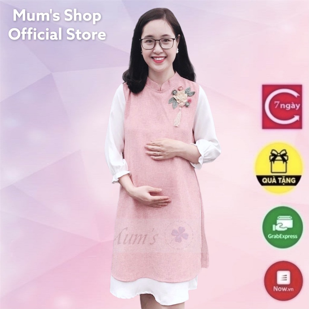 ĐẦM BẦU  FREESHIP  Đầm công sở VDA024 - dạ màu hồng xẻ tà cách tân cổ đính hoa