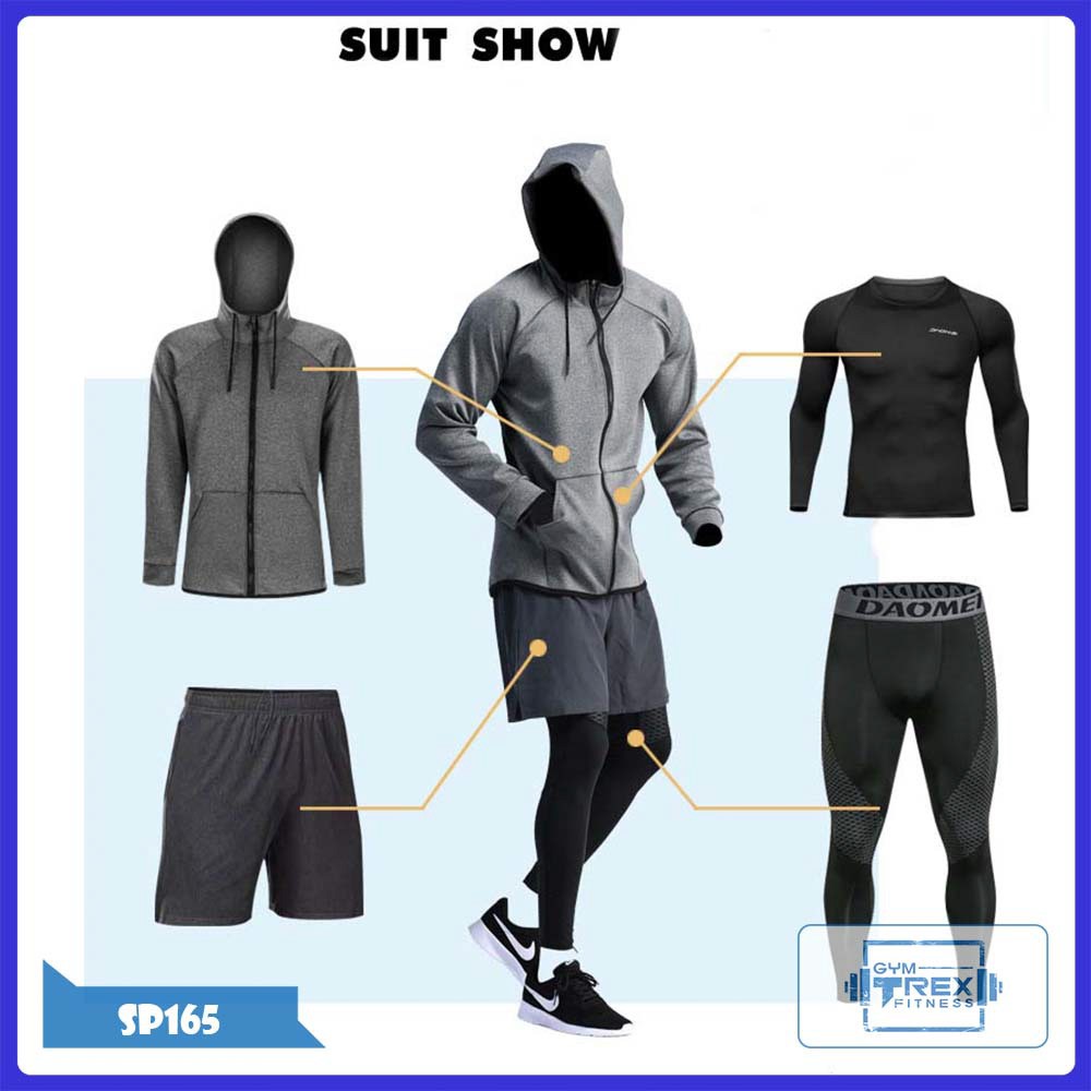 Set 4 in 1 quần áo gym nam có áo khoác SP165, Bộ quần áo thể thao nam - Gym Trex