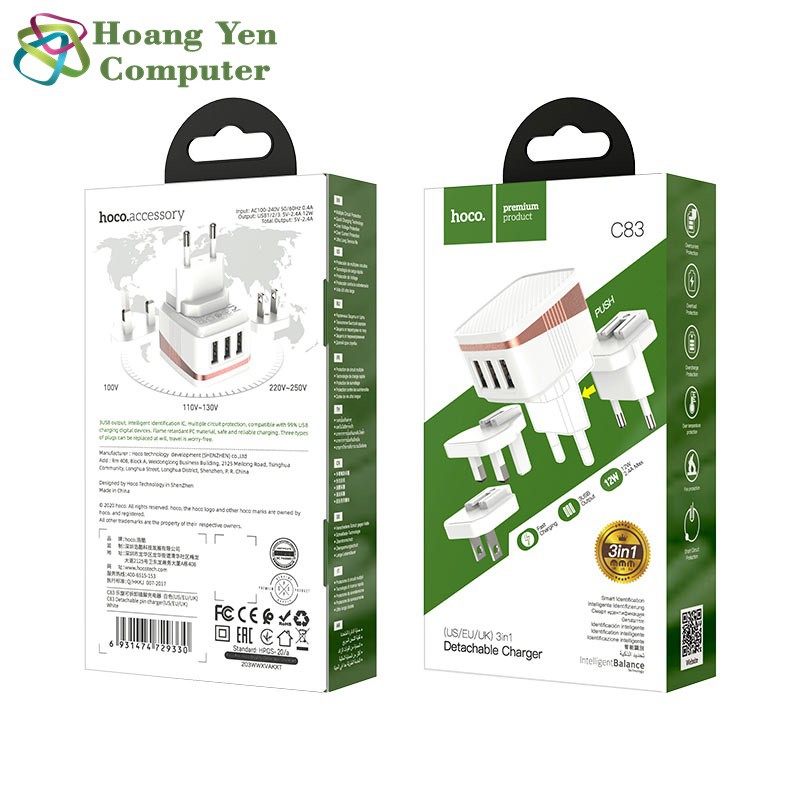 Cốc Sạc 3 Cổng Hoco C83 (Có Thể Thay Đổi Chui Cắm) - BH 12 Tháng Chính Hãng