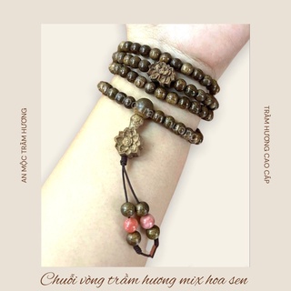 Vòng tay Trầm Hương mix charm hoa sen Chuỗi Tràng 108 Hạt An Mộc Trầm Hương