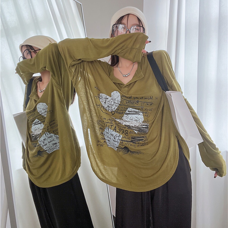 Áo Thun Dài Tay Dáng Rộng Vải Mỏng In Họa Tiết Thời Trang Dành Cho Nữ