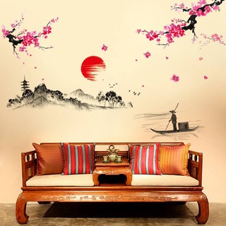 Sticker Trang Trí Decal Dán Tường Phòng Khách Tranh Thủy Mặc DKN015