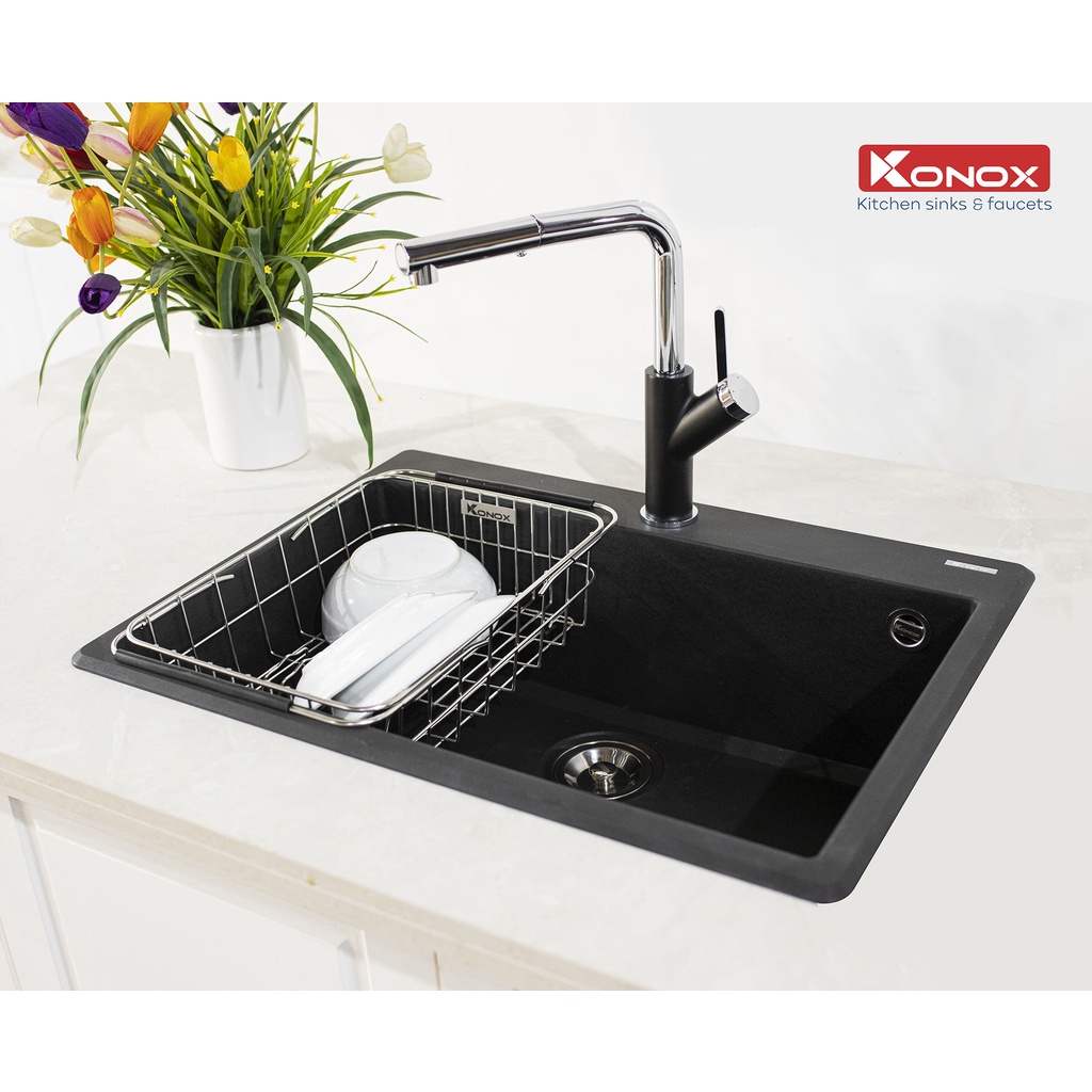 Vòi rửa bát kéo dây KONOX Artan Black, bề mặt xử lý mạ PVD vân đá 5 lớp, lõi hợp kim đồng 61% tiêu chuẩn Châu Âu CW617N