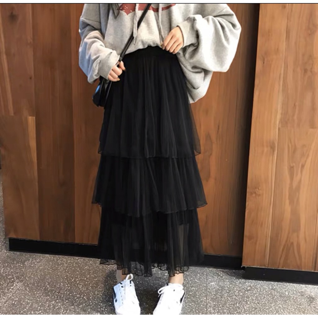 Chân váy dài ba tầng tutu xếp ly màu trơn ulzzang midi