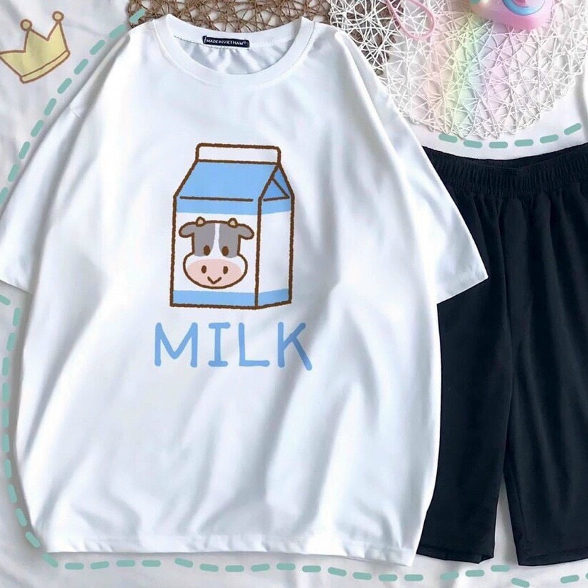 (HÀNG CHẤT LƯỢNG (HÀNG CÓ SẴN) Đồ bộ hoạt hình form rộng Unisex BÒ SỮA TRẮNG QUẦN ĐEN Freesize CHỐT DEAL NHANH