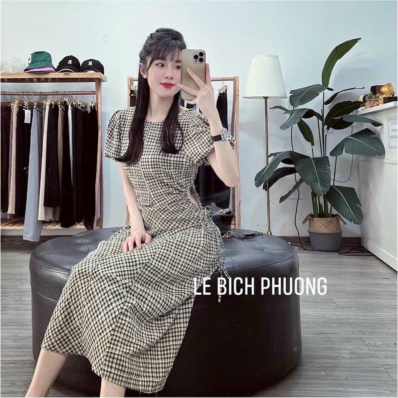 Váy kẻ dút eo tay bồng