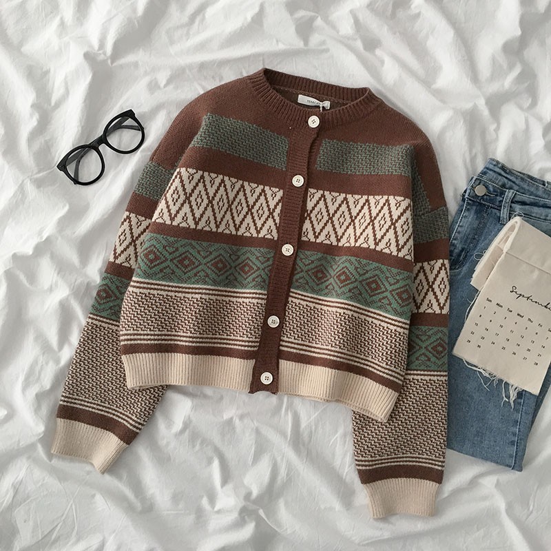 ÁO CADIGAN LEN BOHO HỌA TIẾT MÀU NÂU TÂY RETRO