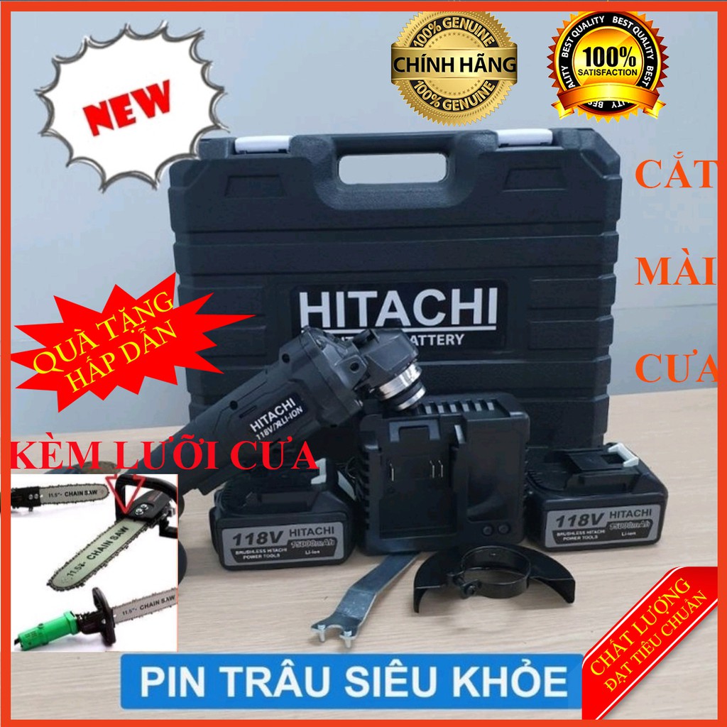 Máy Cắt-Mài-Cưa Xích dùng pin 3 trong 1 Hitachi cầm tay 2 pin 118v động cơ từ không chổi than tặng kèm lưỡi cưa xích