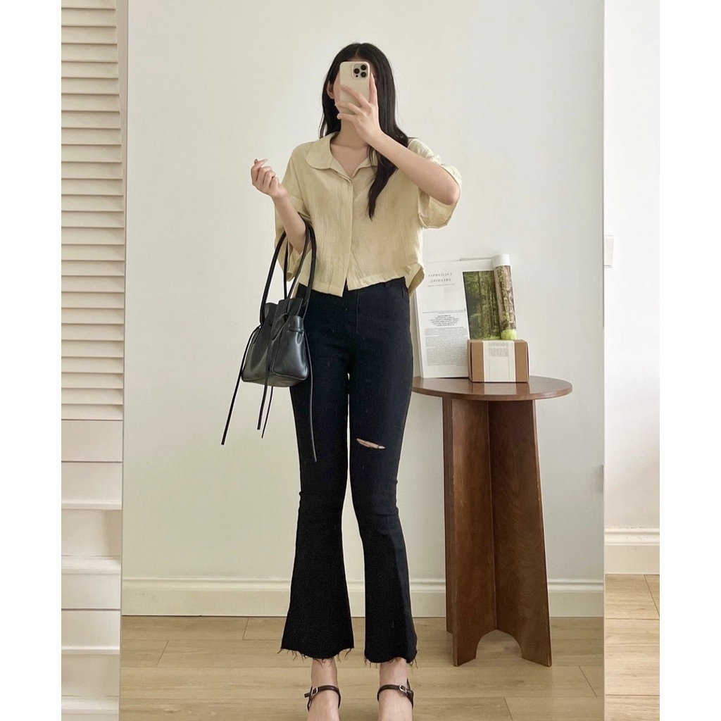 Áo sơ mi croptop tay ngắn chất đũi, mềm mại, phong cách ullzang Hàn Quốc, QUYNHANHPUKA