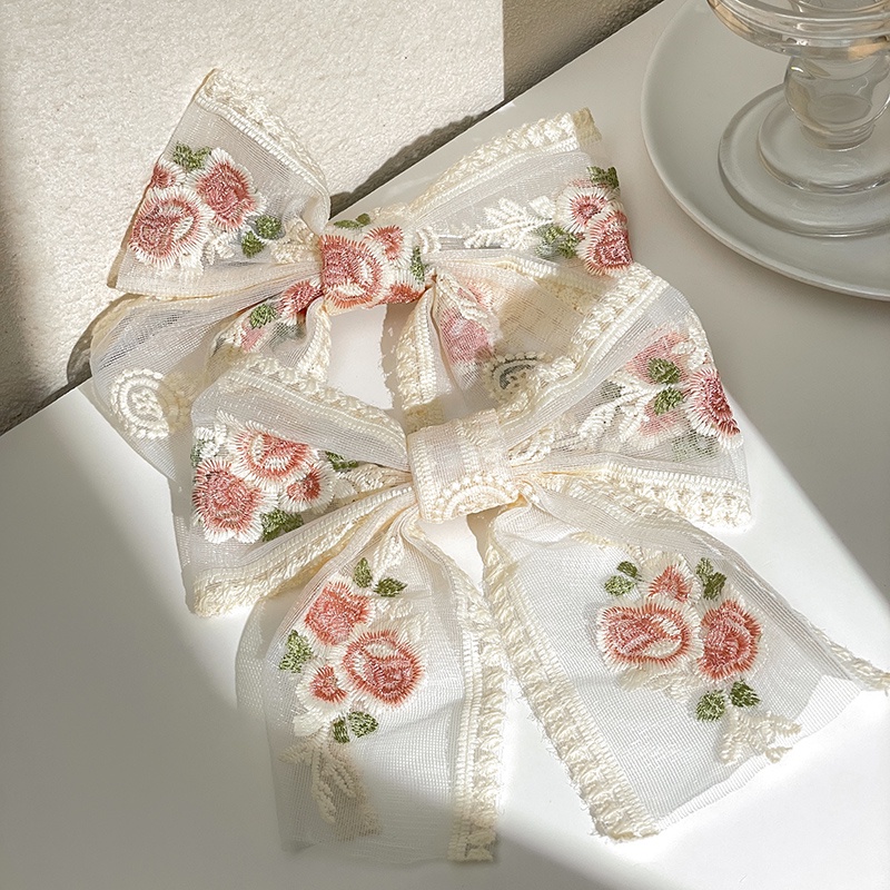 Kẹp Tóc Nơ Lớn Thêu Họa Tiết Phong Cách Hàn Quốc Cho Nữ