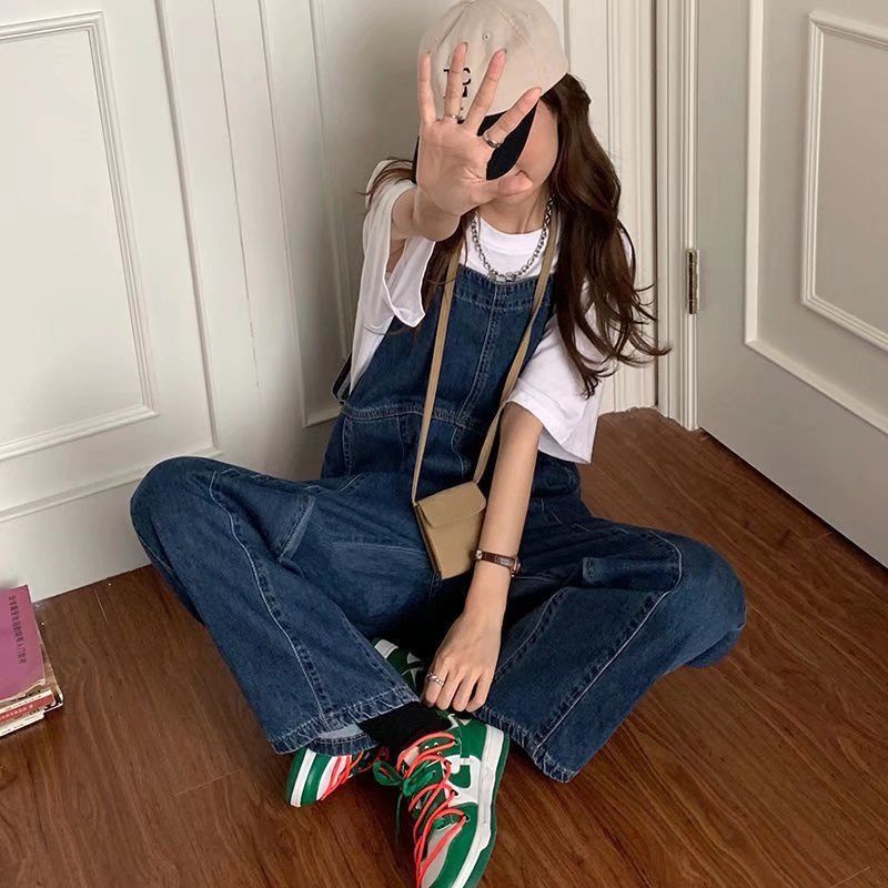 Quần Yếm Denim Màu Xanh Đậm Dáng Rộng Thời Trang Cho Nữ