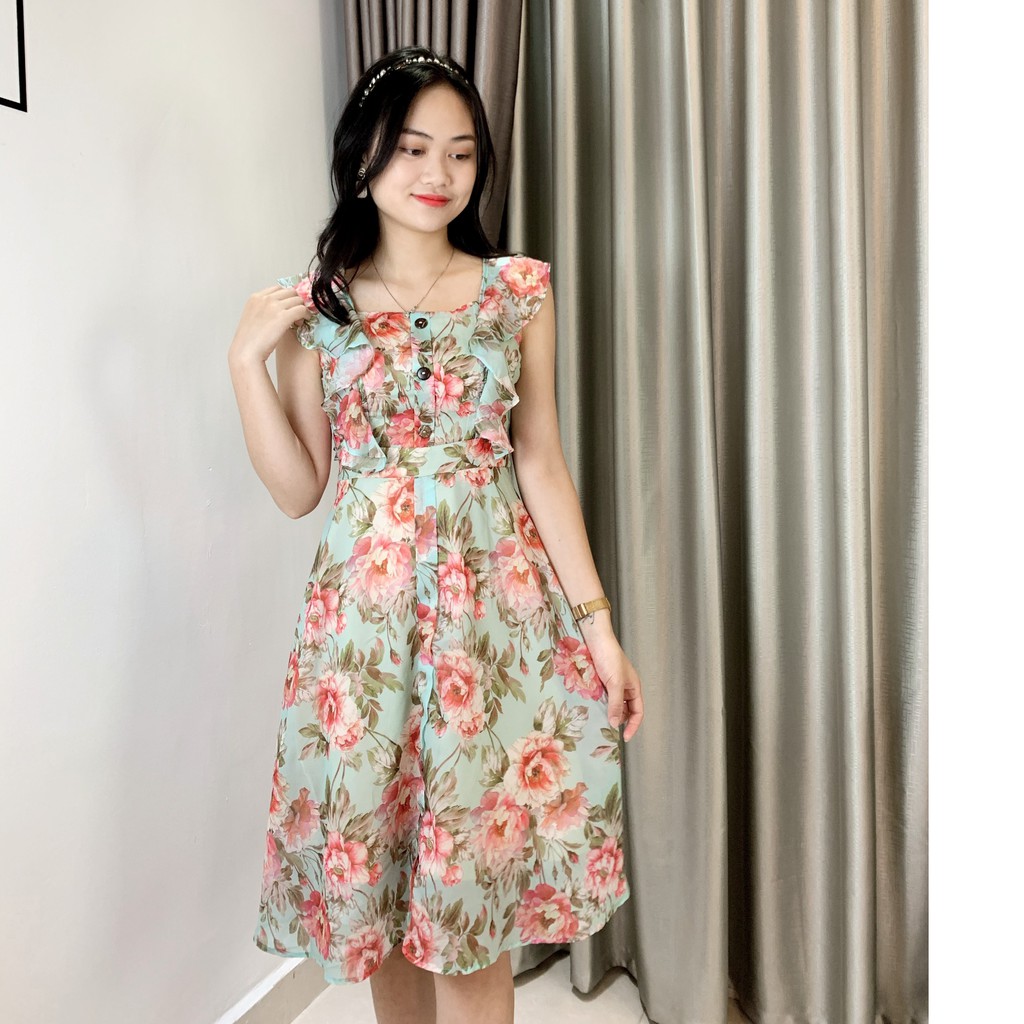 [Mã WASTMINI giảm 10% tối đa 30K đơn 150K] Váy Xòe hai dây, họa tiết hoa, chất Lụa Hàn ,dày dặn EMVY - V49