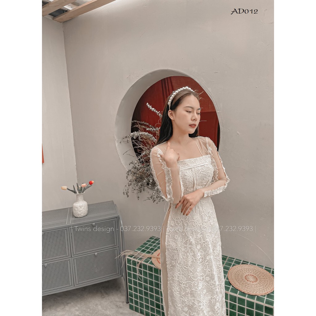 Áo dài dáng ôm KỀM QUẦN, áo dài TWINS STORE chất ren sợi nổi sang chảnh, màu Kem Be - AD012