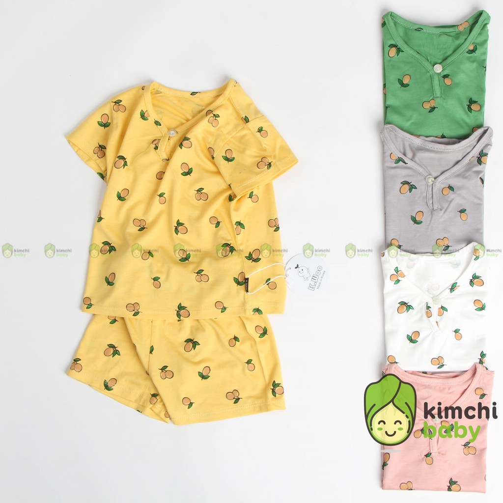 Đồ Bộ Bé Trai, Bé Gái KIMCHIBABY Vải Thun Lạnh Họa Tiết Trái Đào Dễ Thương, Bộ Cộc Tay Cho Bé Mặc Nhà Minky Mom KW2106