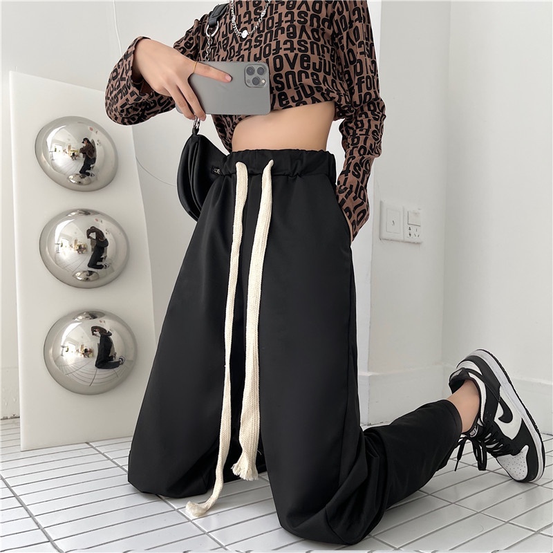Quần dài lưng cao dáng rộng phối dây rút thời trang cá tính cho nữ