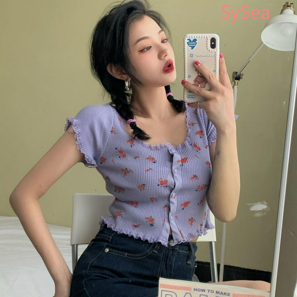 Áo croptop tay ngắn hoạ tiết hoa thời trang mùa hè
