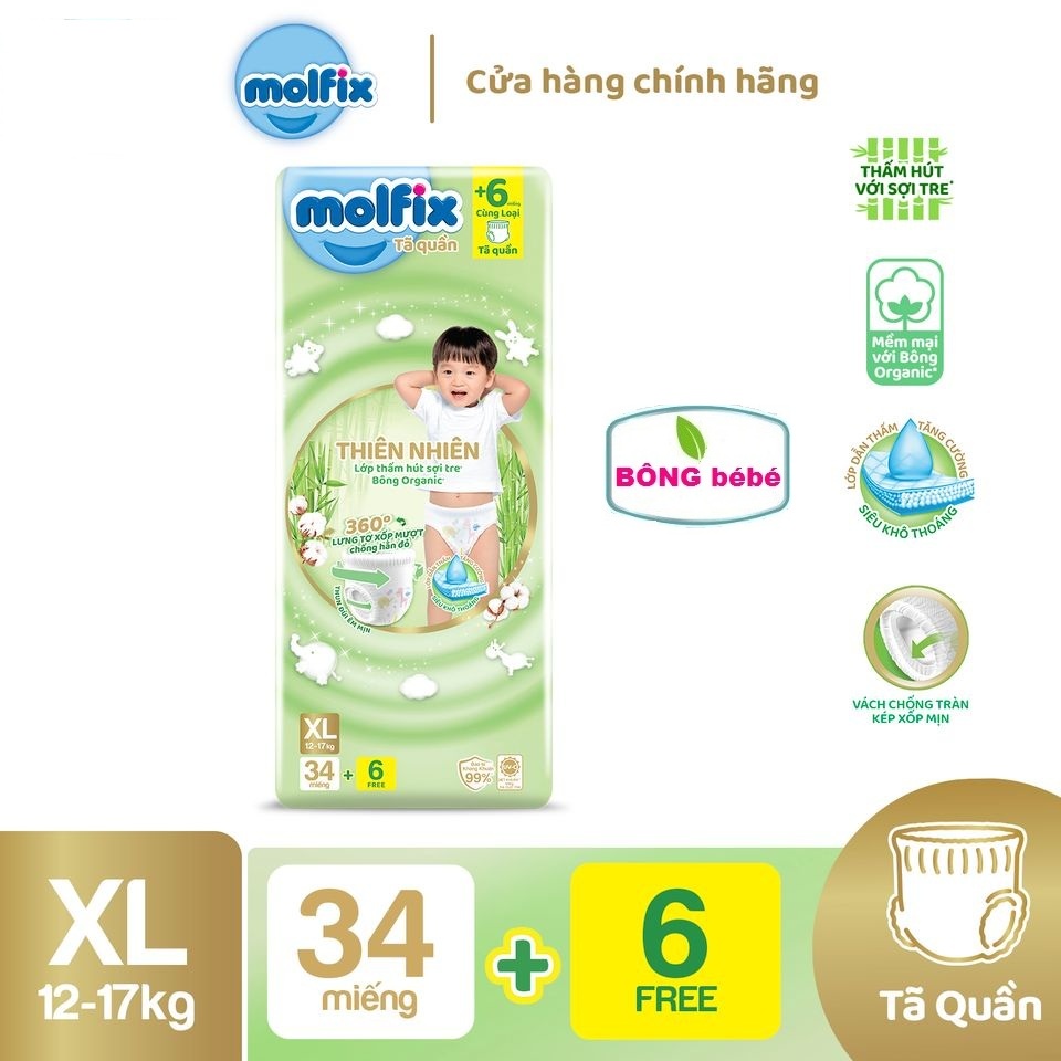 Bỉm quần Molfix thiên nhiên an toàn bông tự nhiên- Jumbo XL (12kg - 17kg) - Gói 34+6 miếng