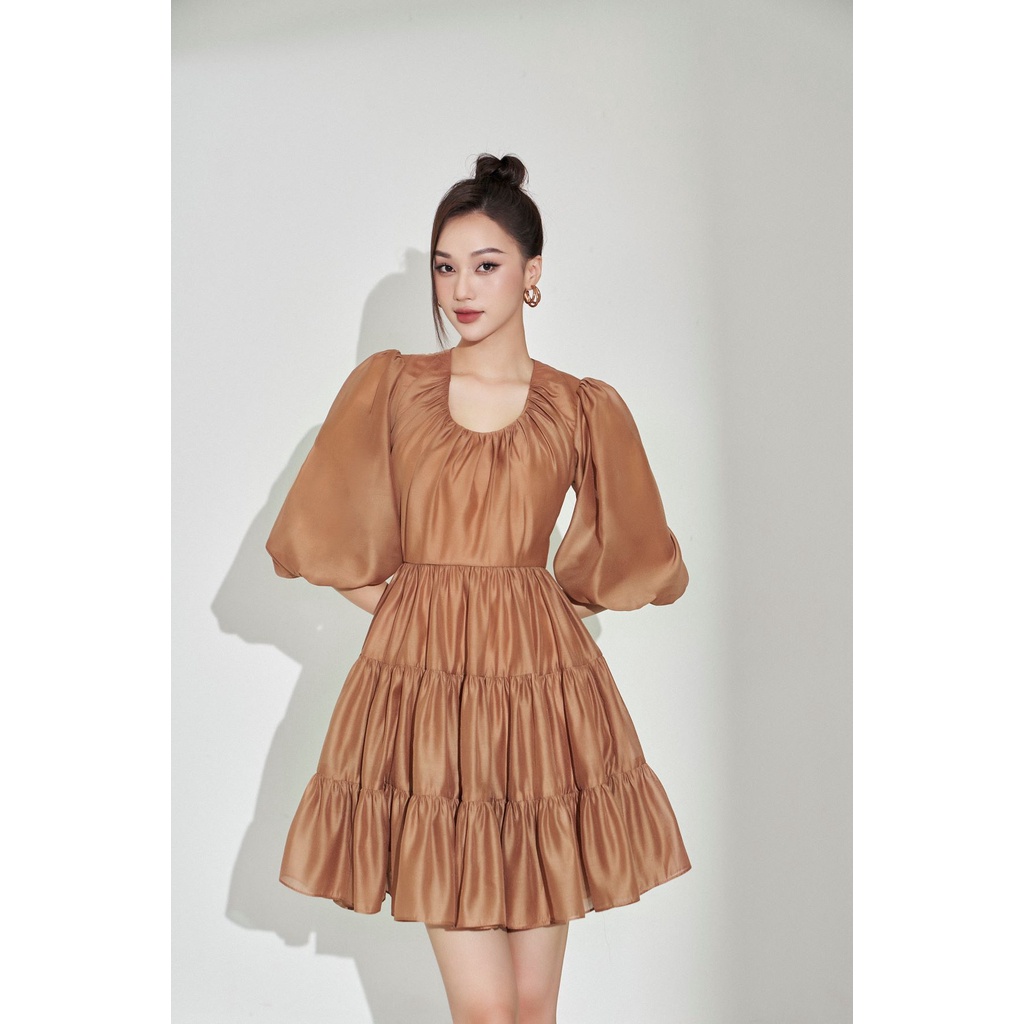 MOLLYNISTA - Đầm Miona tay bồng xếp nhún cổ von tơ tiểu thư nữ tính thiết kế cao cấp đi chơi đi tiệc