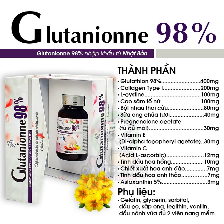 Viên uống trắng da Glutanionne 98% bổ sung Collagen và Glutathione giúp đẹp da giảm nám chống lão hoá cân bằng nội tiết