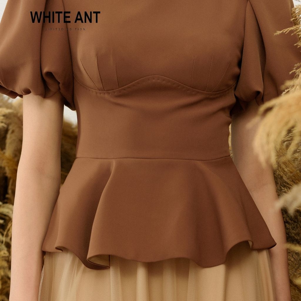 Áo peplum tay bồng nữ đai eo bọc da đi kèm White Ant