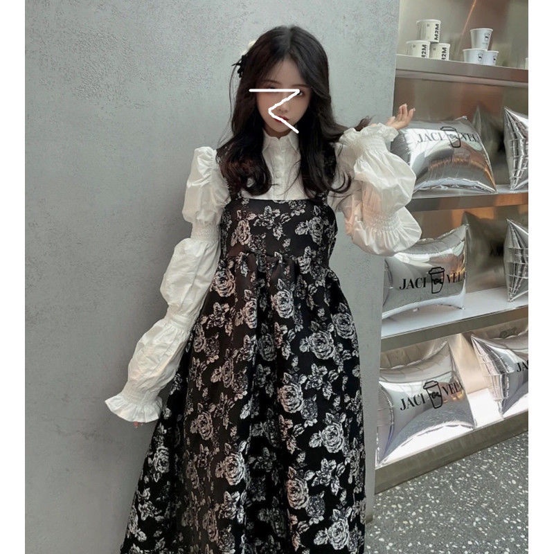 🔥 Set Áo Sơ Mi Dài Tay Và Đầm Dây Họa Tiết Hoa Vintage Dành Cho Nữ