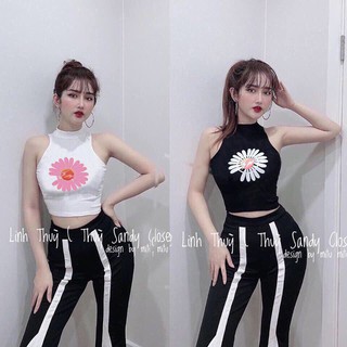 Áo thun cổ lọ in hình bông hoa-thun gân dày đẹp