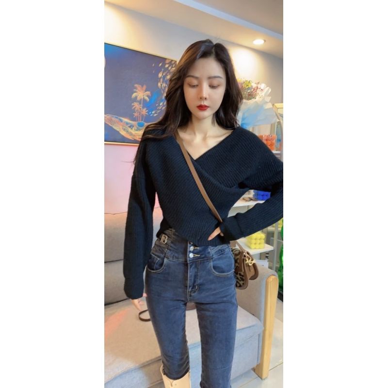 Áo len tay dài cổ chữ V thời trang dành cho nữ