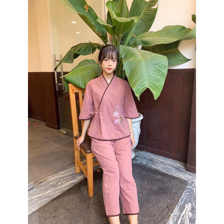 Set đồ lam đi chùa - quần áo Phật tử cài chéo viền nổi, thêu hoa sen vải kate Nhật bền đẹp - Pháp phục nữ Anle Store