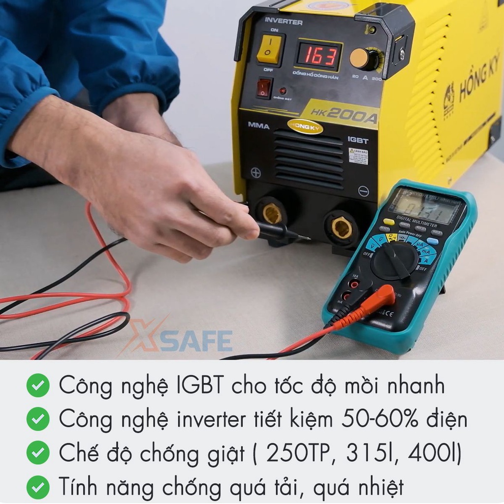 Máy hàn điện tử mini Hồng Ký HK200A 2021 công suất 10.3 KVA, công nghệ IGBT, chế độ chống giật, chống quá tải, quá nhiệt