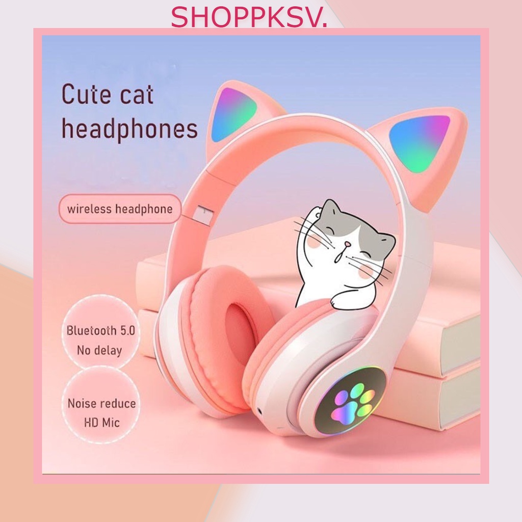 Tai nghe bluetooth chụp tai tai mèo có đèn led, có micro chơi game. Headphone bluetooth thỏ dễ thương hồng, đen, xanh.