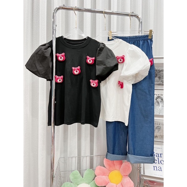 Set Bộ Đồ Nữ Áo Thun Tay Phồng Gấu Cài Áo Phối Quần Demin Dài