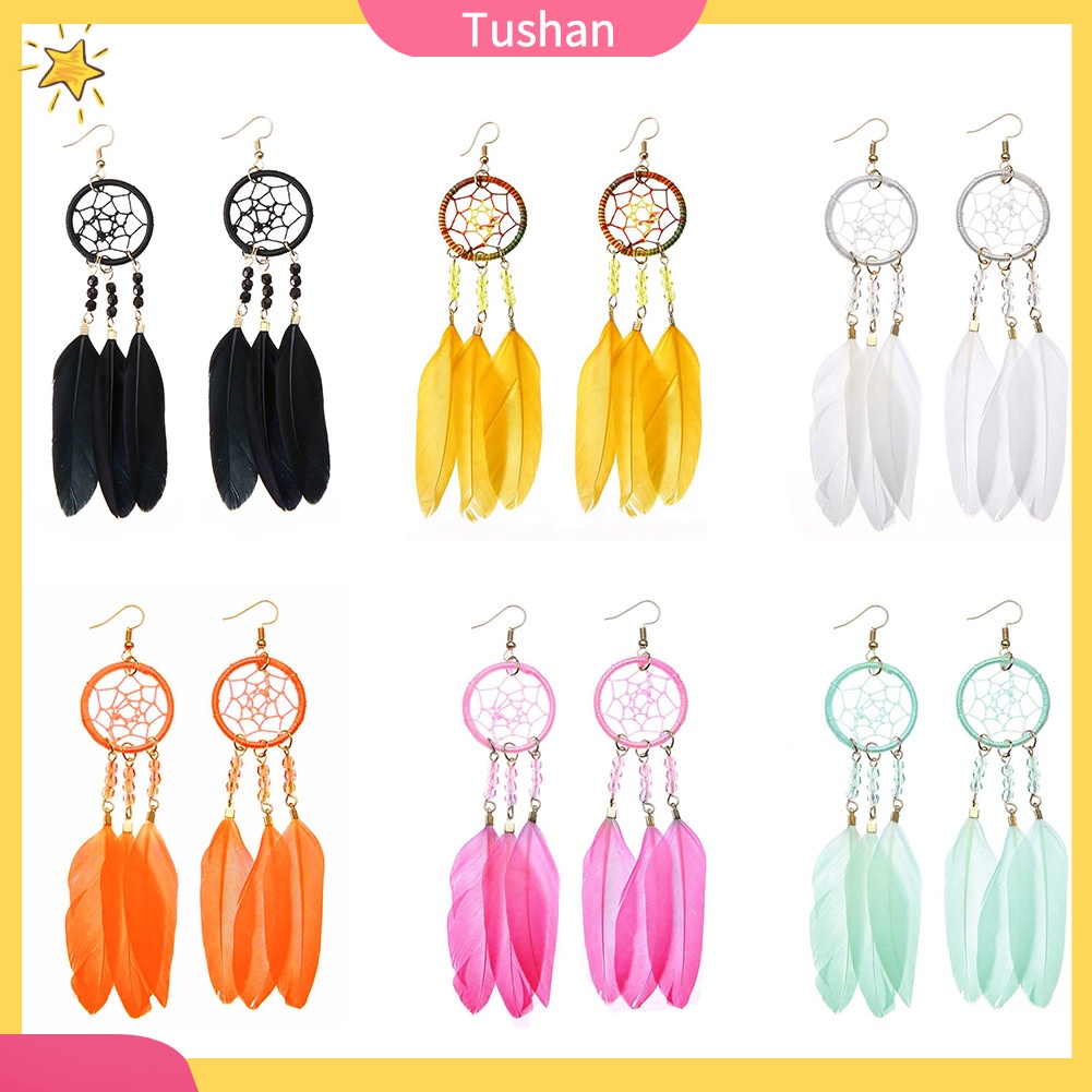Đôi khuyên tai dài kiểu Dream Catcher gắn lông vũ thời trang cho nữ