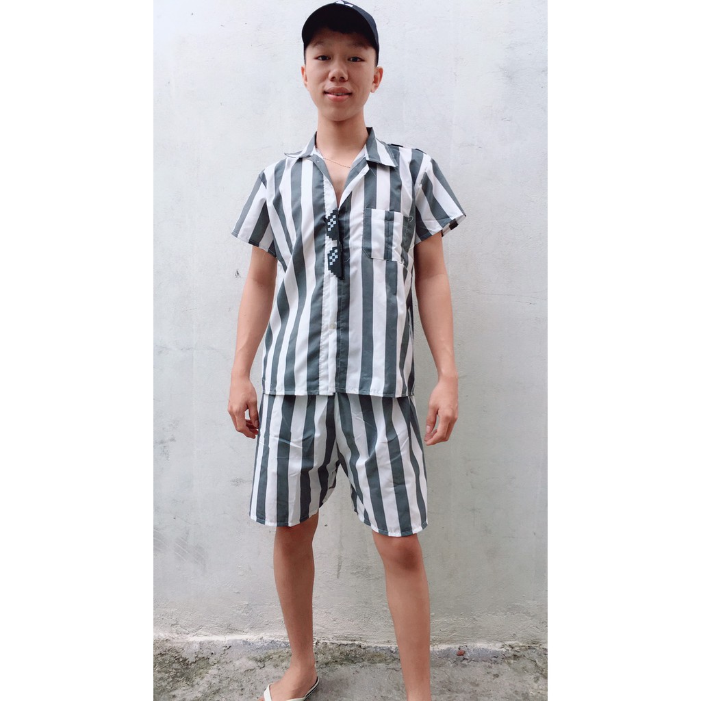 Bộ quần áo hè nam kẻ sọc, bộ tù cao cấp Có size siêu ngầu
