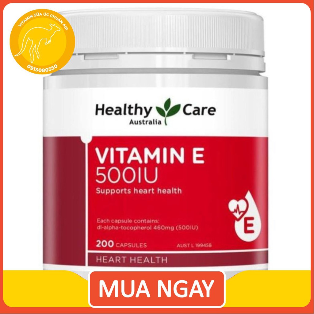 Vitamin E 500UI HealthyCare của Úc, lọ 200 viên, mẫu mới