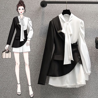 Bigsize Váy sơ mi dáng xuông vai phồng kèm áo vest cách điệu kèm váy