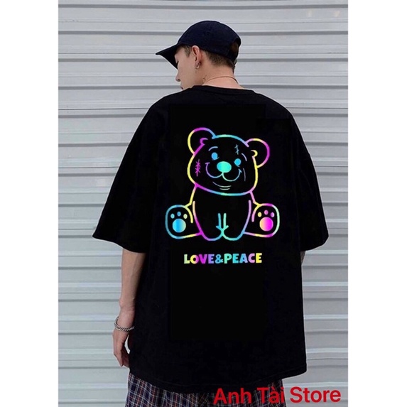 Áo thun tay lỡ phản quang phông Unisex nam nữ Cotton oversize đến 75Kg form rộng hình gấu Love & Peace AP 876 | WebRaoVat - webraovat.net.vn