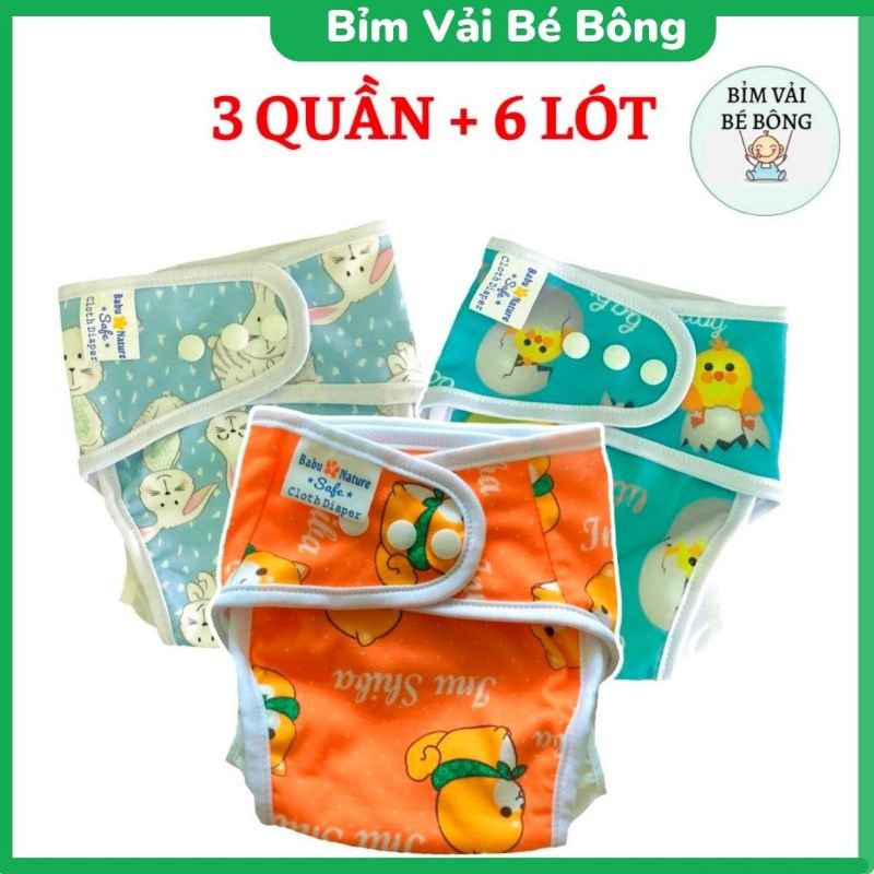 [ƯU ĐÃI] - [3 QUẦN+6 LÓT] Combo 3 Bộ Bỉm Vải Babu Nature Chống Hăm + Tràn Cho Bé - Giặt Được, Size M,L